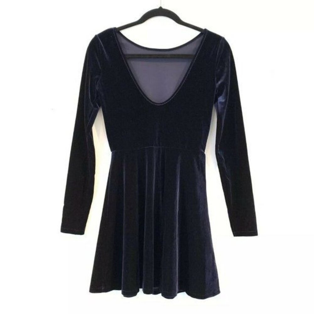 Bethany Mota Navy Blue Velvet Long Sleeve Skater Dress Scoop Back Size S - Picture 3 of 7